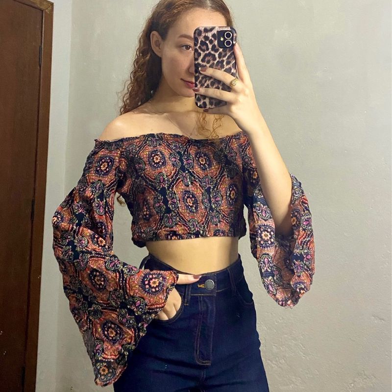 Ciganinha Feminina Blusa Ciganinha Jeans Manga Longa Blusa