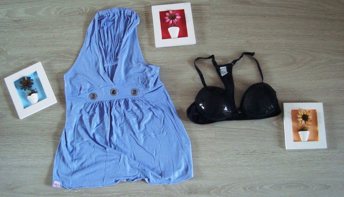 blusa com detalhe em ilhós e top preto com paetês - blusas liebe; flor de cacau