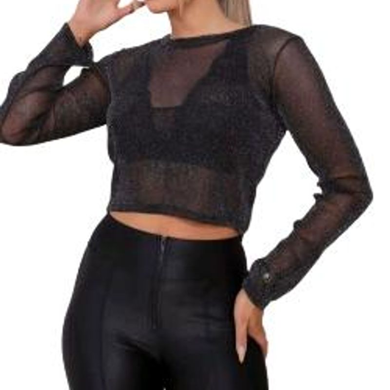 Blusa Cropped Tule Lurex Manga Longa, Blusa Feminina Nunca Usado 87840901