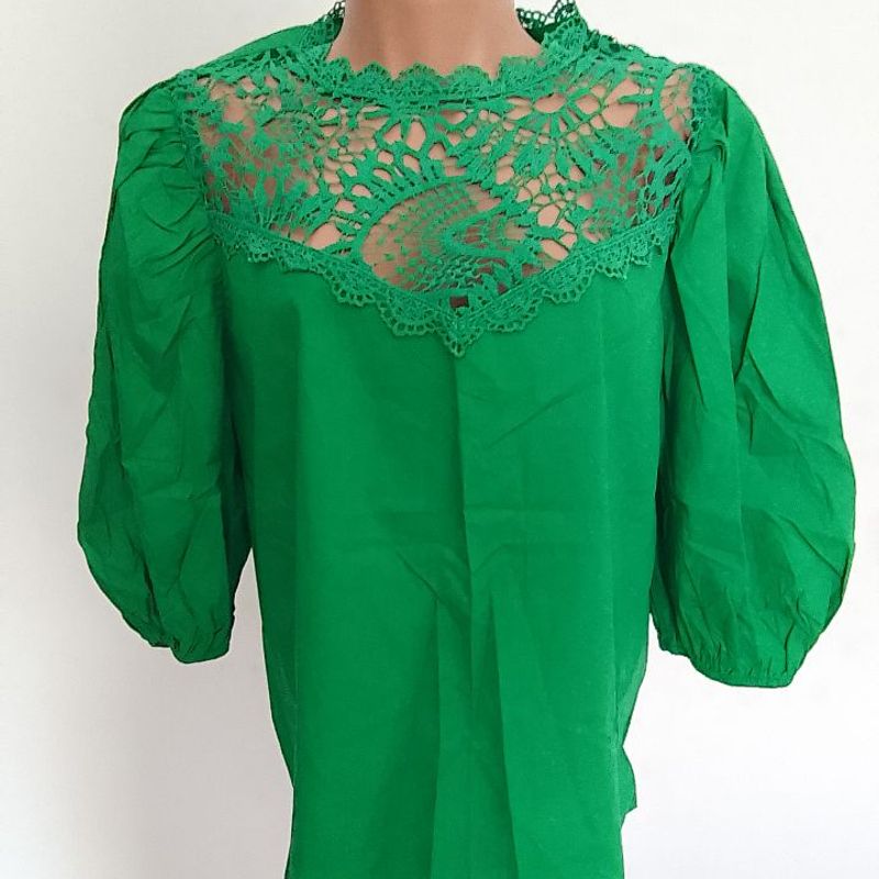 Blusas femininas casuais elegantes plissadas de manga bufante e gola V,  blusas curvas soltas, Verde, XXG