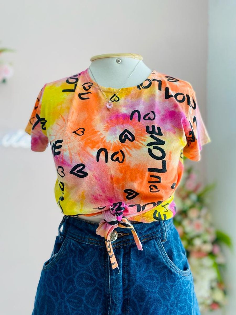 Blusa Estampada Love Multi Colors Tie Dye Manga Curta com