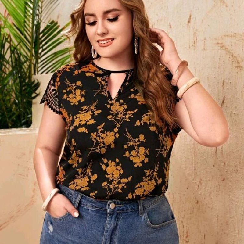 Blusa Estampada Shein Gola Vazada Manga com Renda Tam 2xl