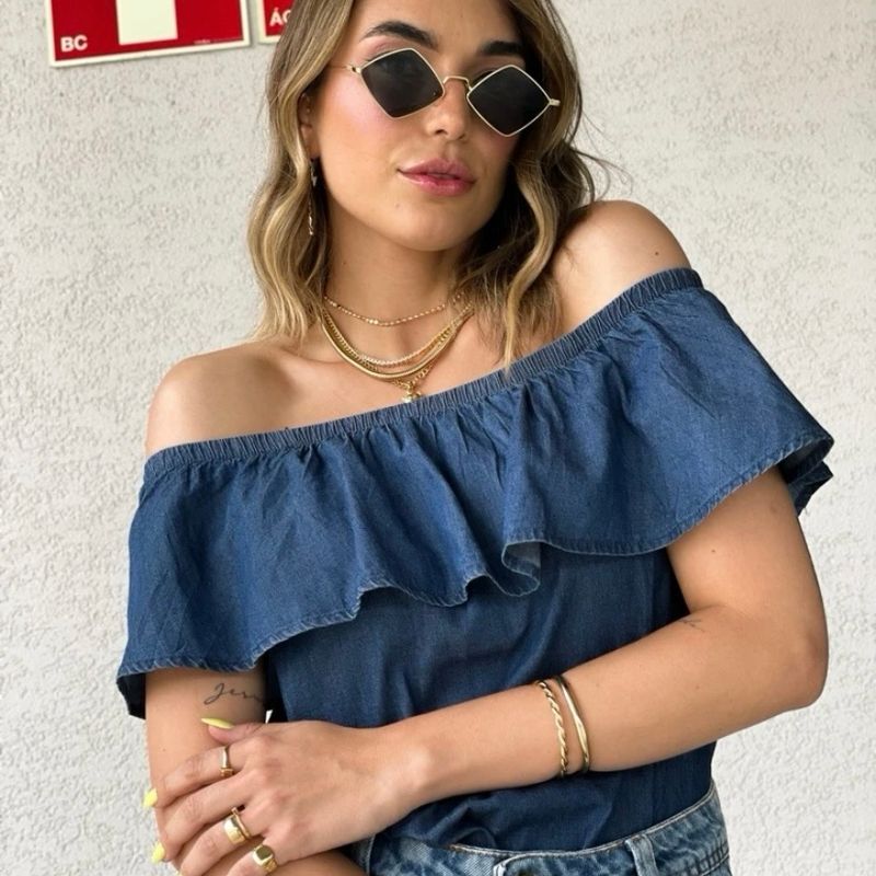 Blusa Jeans Ciganinha Feminina Verão (Ombro À Ombro) Shein Nunca