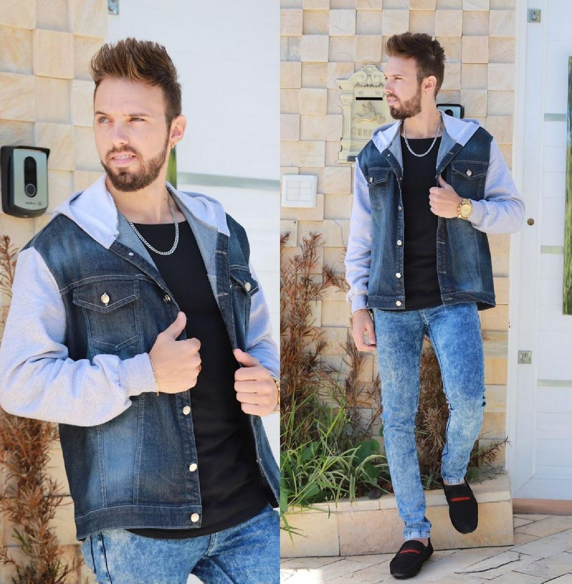 blusa jeans com moletom masculina