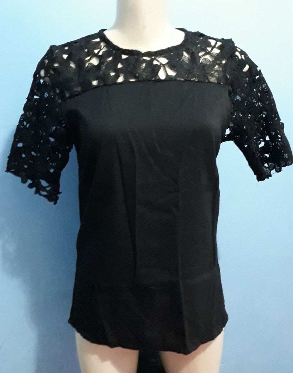 Blusa Manga Curta Preta Importada Com Renda Guipir Blusa Feminina Zhou Nunca Usado