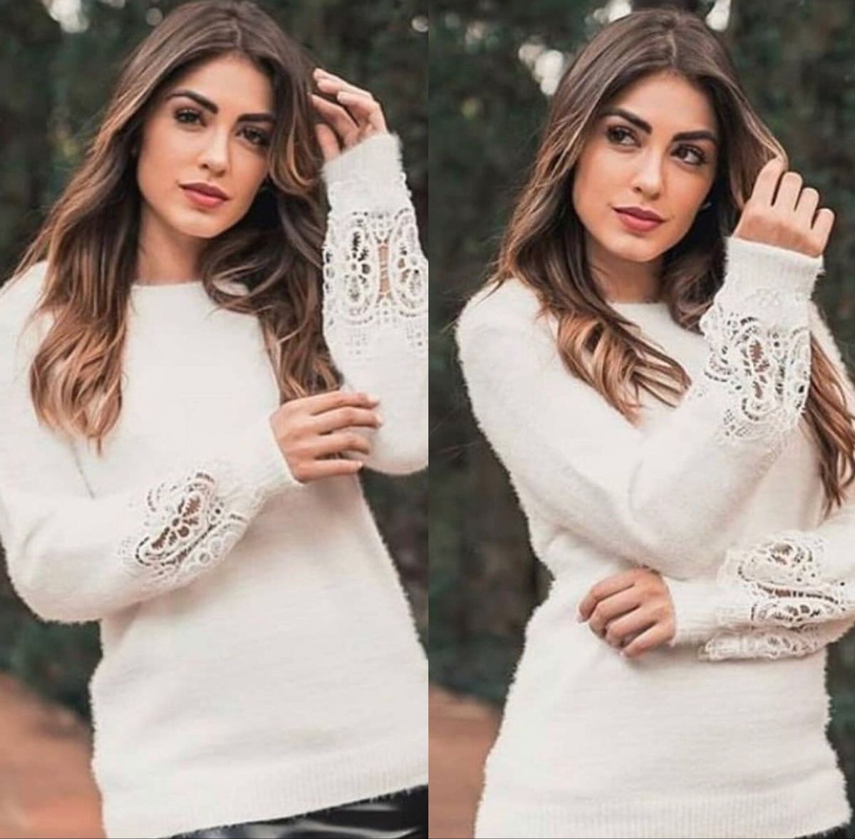 blusa pelinho com detalhes de renda nas mangas - blusas sem marca