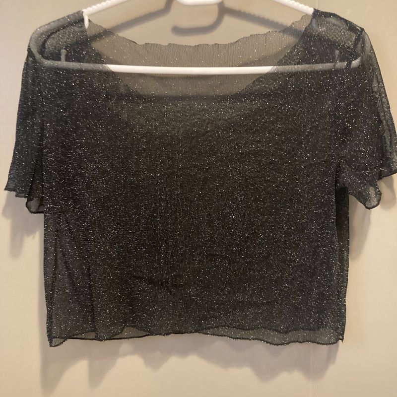 Blusa Preta Cropped Glitter Tam:P Manga Curta Transparente, Blusa Feminina  Usado 92568021