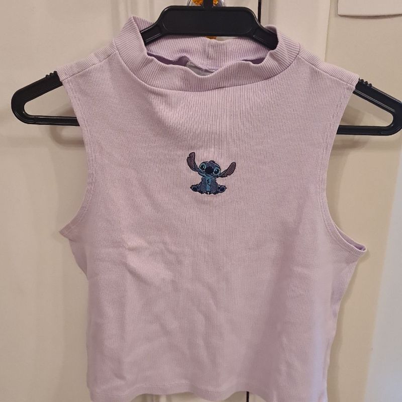 Blusa Regata Juvenil Moletinho Stitch Disney Preta