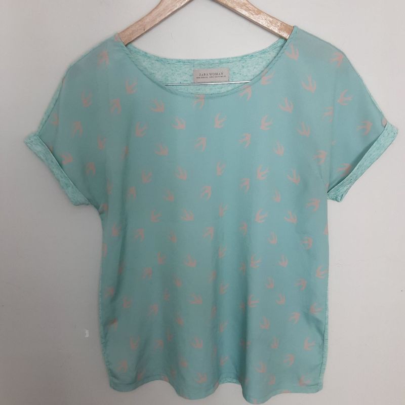 Blusa Verde Agua Estampa Passaro Zara Zara Usado 104801520 enjoei