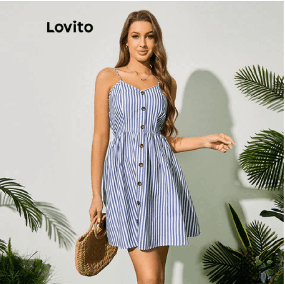 Boho Vestido Feminino Listrado com Cintura Elástica e Botão