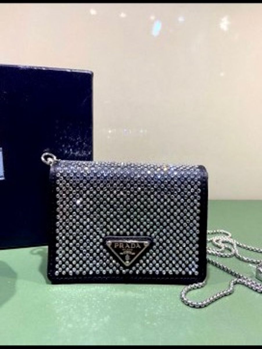Gift Prada Crystal-Studded Card Holder with Shoulder Strap 1MR024