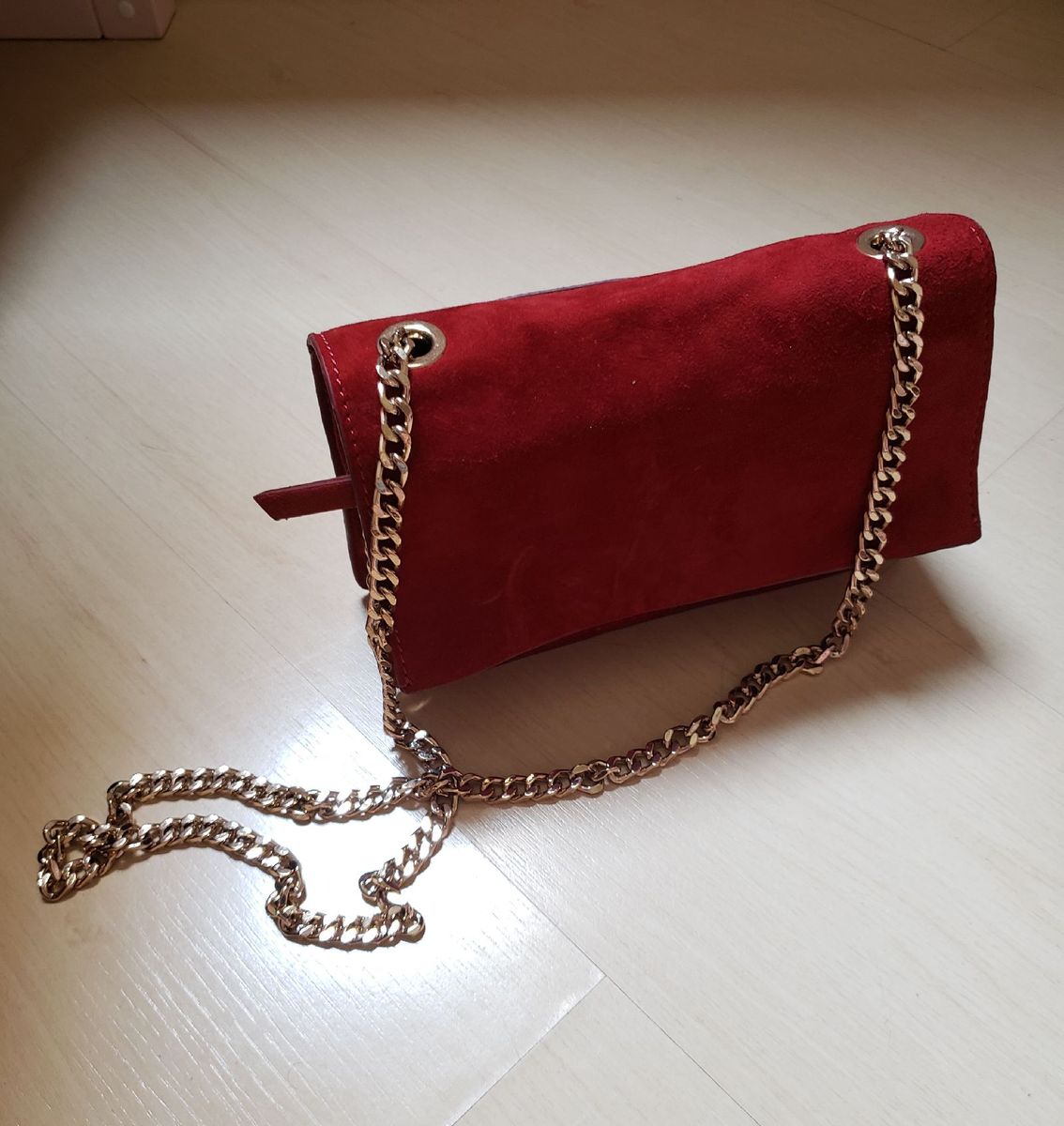 Bolsa Couro Camurçado, Alça Corrente Dourada, | Bolsa de Ombro Feminina ...
