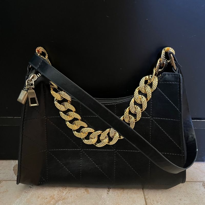 Bolsa de Ombro Preto com Dourado da Shein Bolsa de Ombro