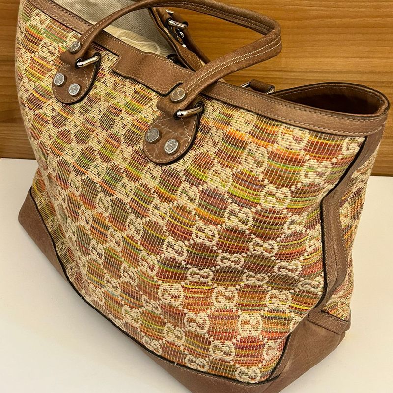 Tan Gucci Sunset Straw Tote Bag