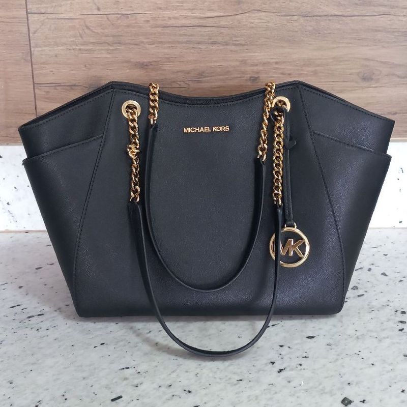 Bolsa Michael Kors Preta Jet Set Travel Tote com Correntes
