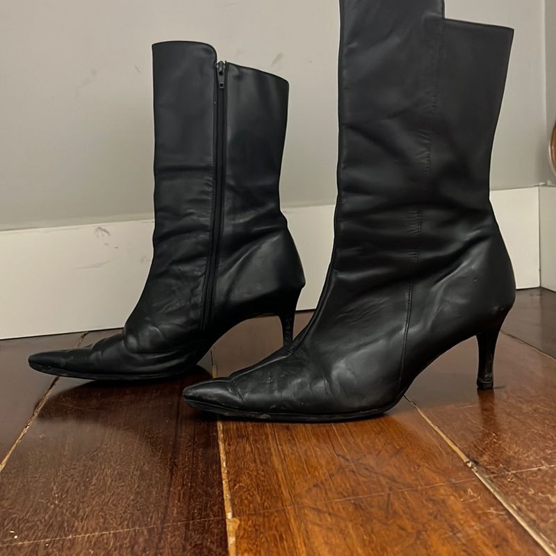 Bota Preta Salto Fino Baixo de Couro Legitimo Bota Feminina