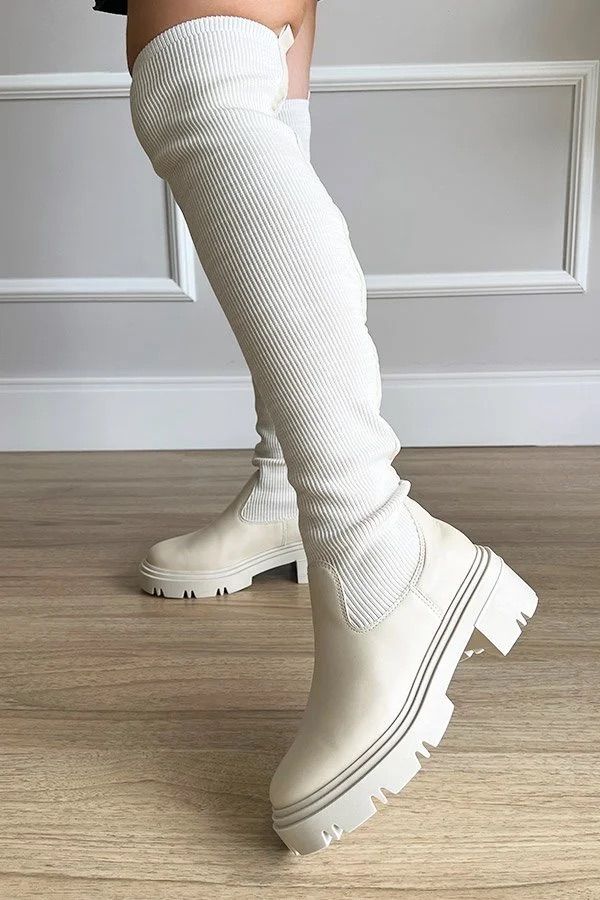 Bota Tratorada Off White Cano Longo Coturno Meia | Bota Feminina Nunca ...
