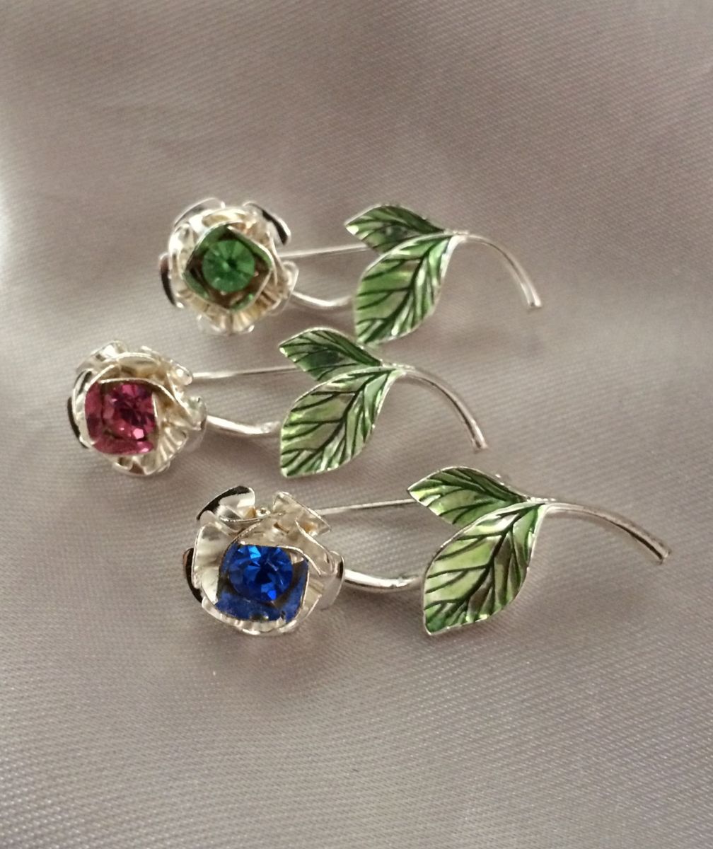Grande Broche Vintage 3 Fleurs D'anémone - Métal Doré Et Strass - Bijou De Vêtement