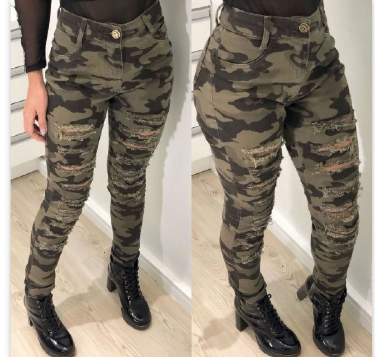 calça camuflada feminina com bota
