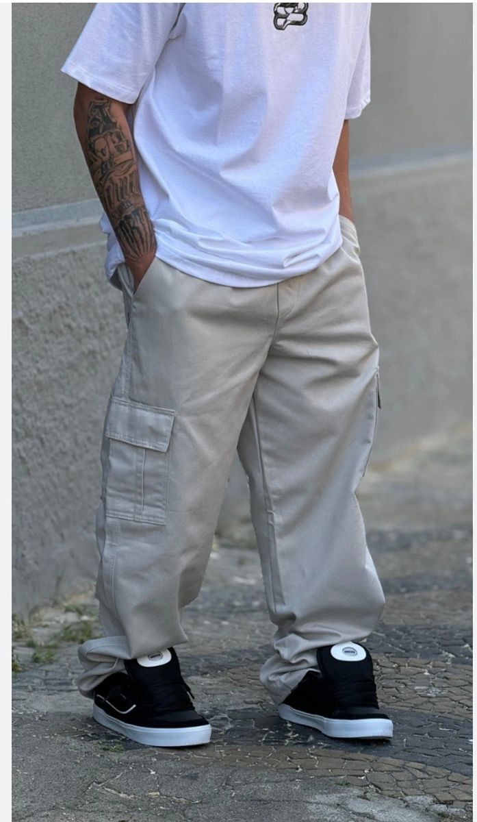 Calça Cargo Masculina Streetwear Sarja Larga Bege Nunca Usado