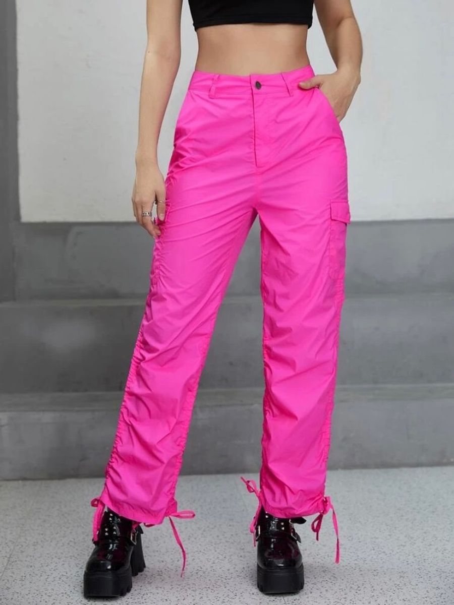 Calça Cargo Rosa Pink Neon Cintura Alta Hot Pants com Bolsos