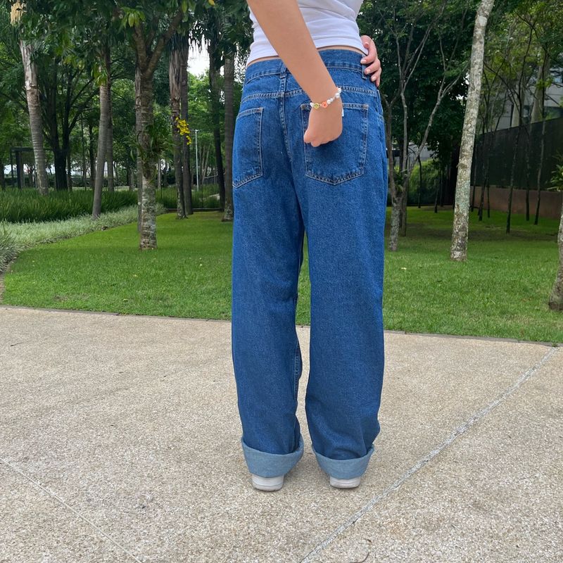 Calça Jeans Baggy Azul Escura Streetwear Skate Larga Folgada