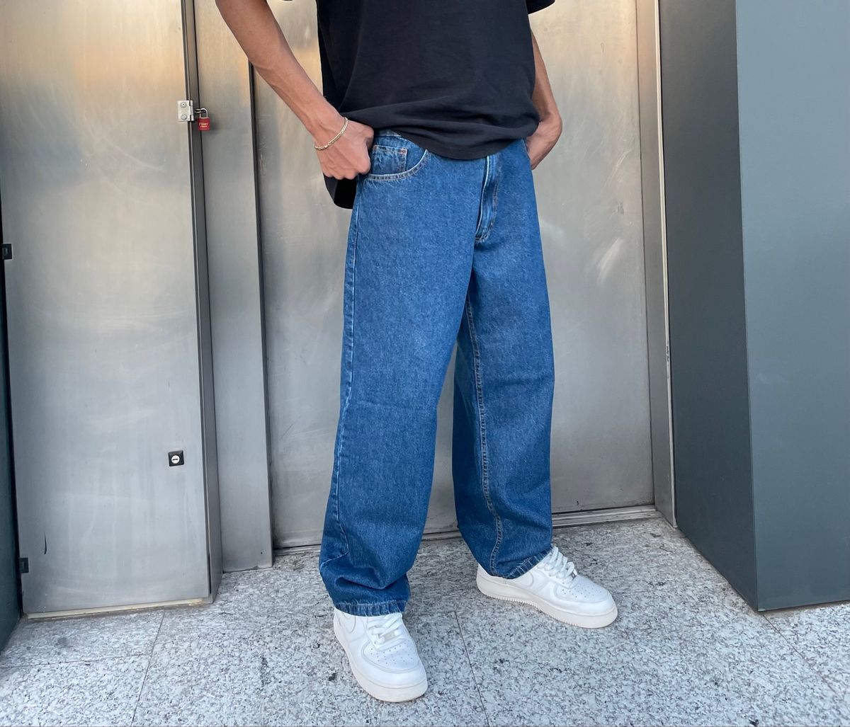 Calça Jeans Baggy Reta Azul Escura Streetwear Skate Unissex
