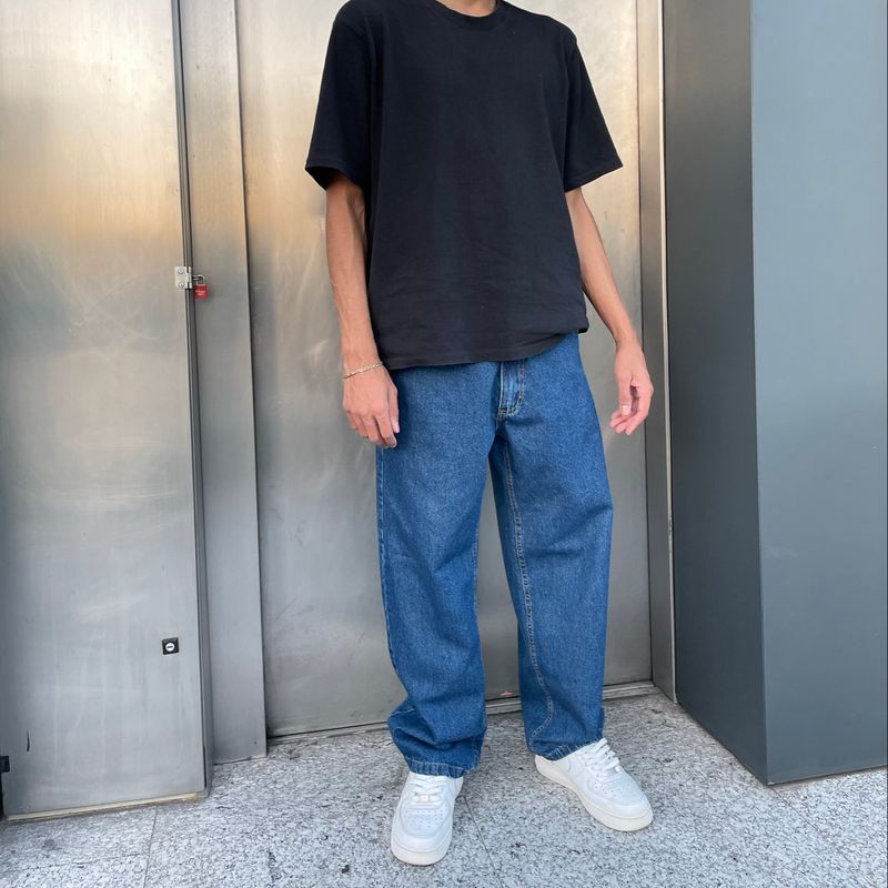 Calça Jeans Baggy Unissex Azul Escura Skate Streetwear Larga