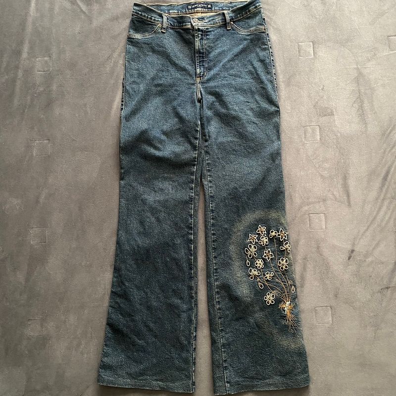 reonyan☆ページです♥️ Calça Jeans Bordada Wide Leg Flare | Calça Feminina Loony Usado