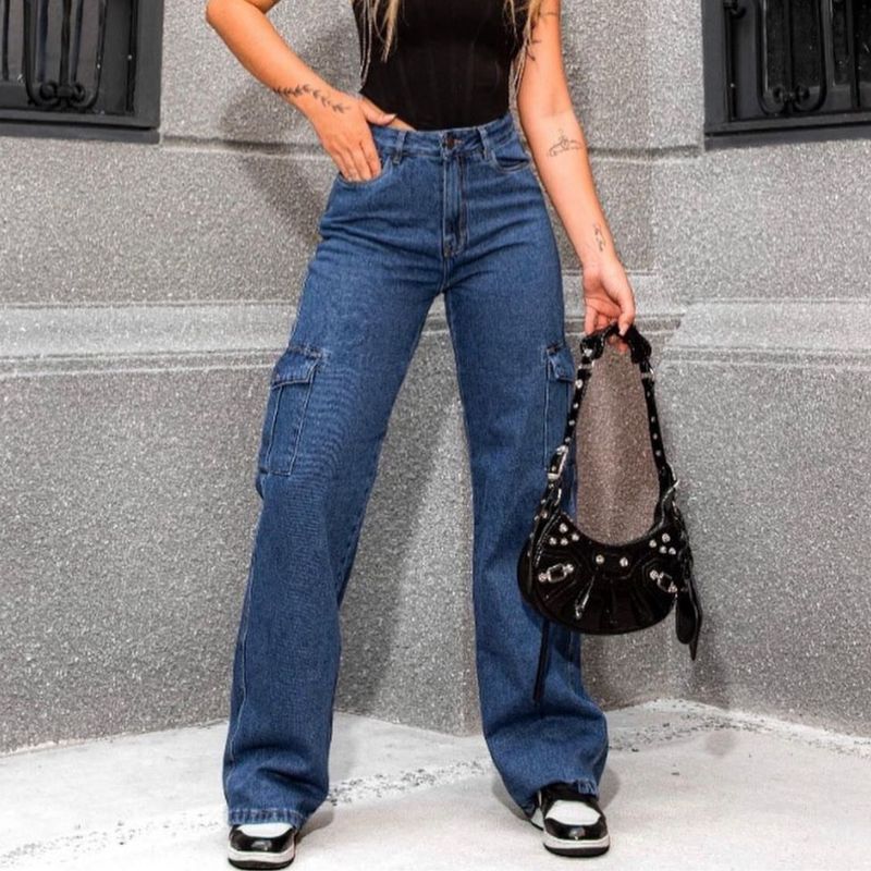 Calça Jeans Cargo Wide Leg 44 Calça Feminina Consciência Jeans