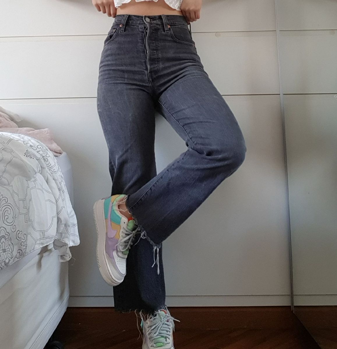 calça jeans cinza feminina cintura alta
