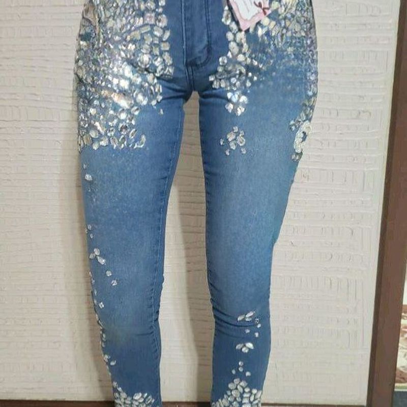 Calça Jeans Pedrinhas + Brinde  Calça Feminina Alta Moda Usado