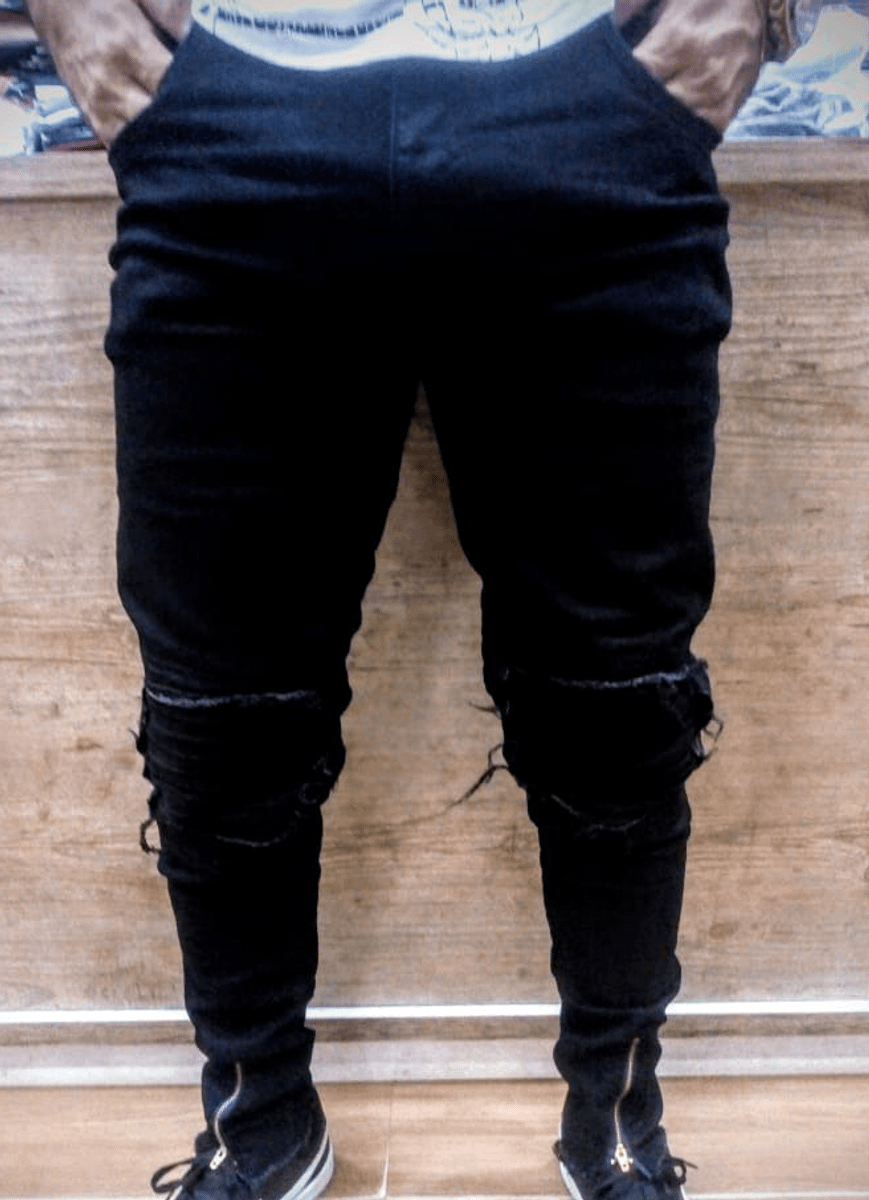 calça destroyed preta feminina