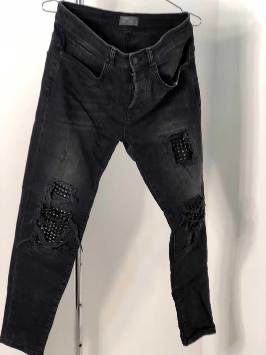 calça jeans preta destroyed masculina
