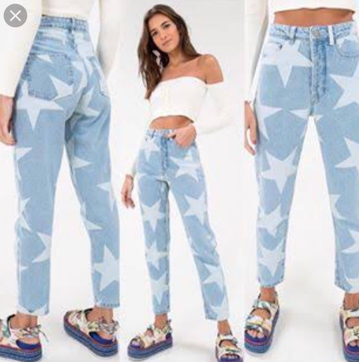 calça jeans com estampa de estrela
