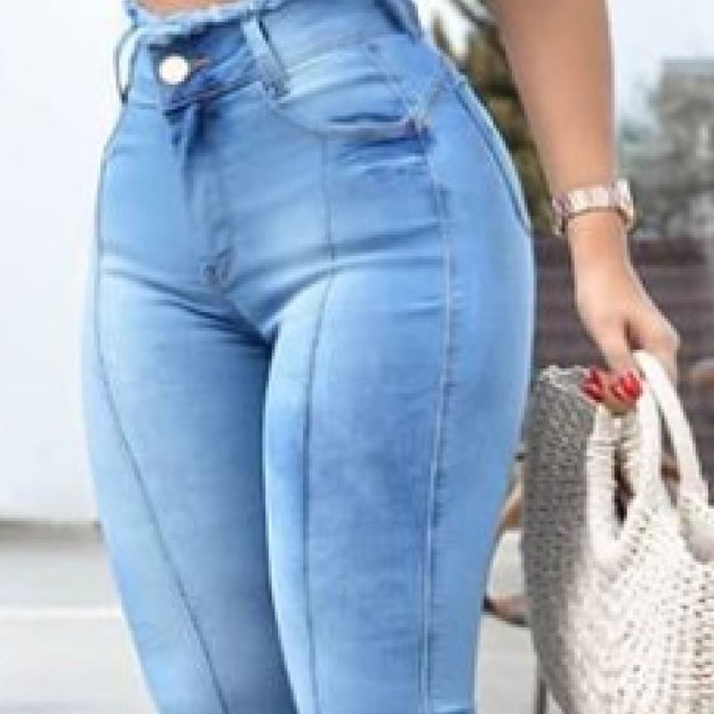 Calça Jeans Feminina Skinny Premium Desfiada Cintura Alta Azul no