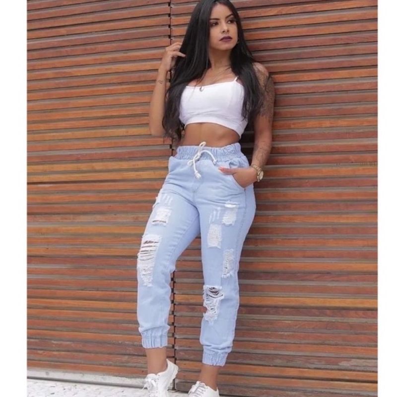 Calça Jeans Feminina Jogger Destroid Mom Elástico Canela Calça
