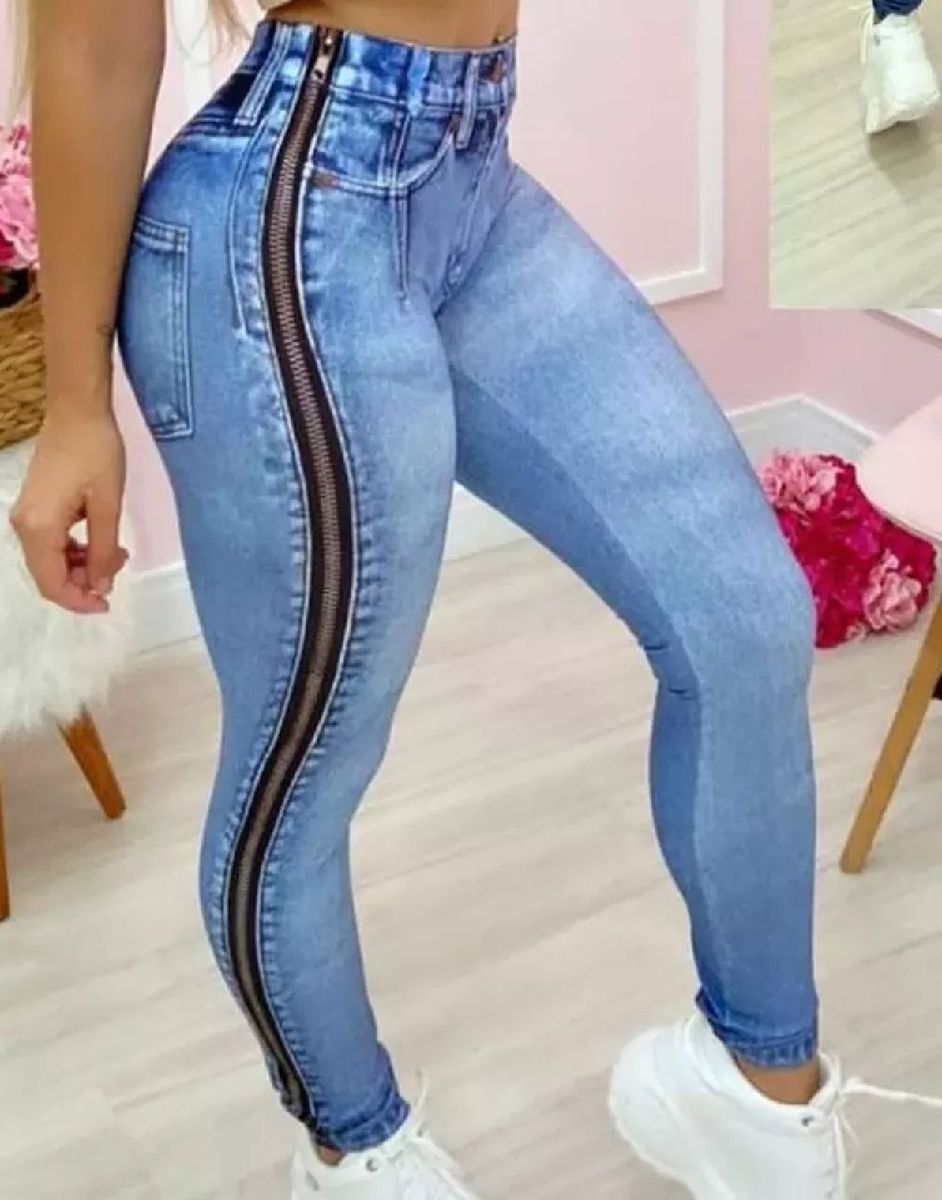 Calça jeans feminina com ziper store na perna