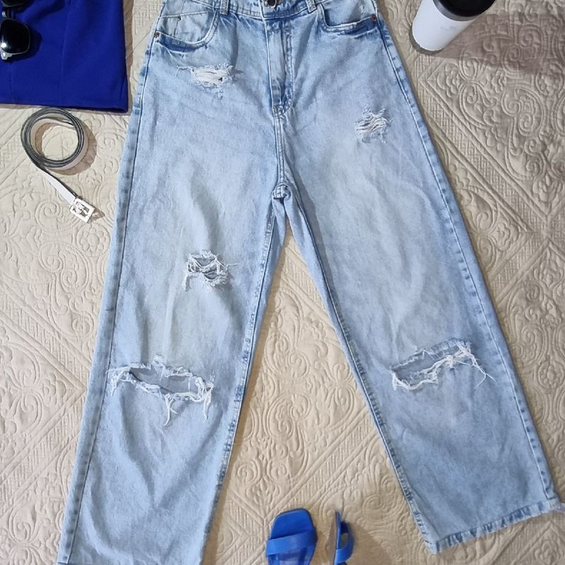 Calça Jeans Feminina Pantalona Destroyed Bluesteel Tamanho 36