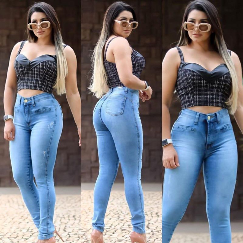 Calça Jeans Feminina Cintura Alta Cós Alto Levanta Bumbum em