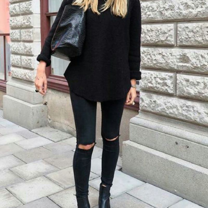 Joelho Rasgado Roupas Femininas Preta Calça Jeans Preta Rasgada No