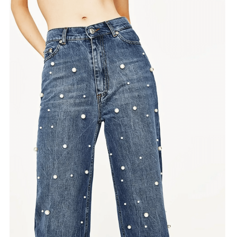 Calça Jeans Reta Cintura Alta com Aplicações de Perolas Zara (38) Nunca  Usada Calça Feminina Zara Nunca Usado 67176317 enjoei