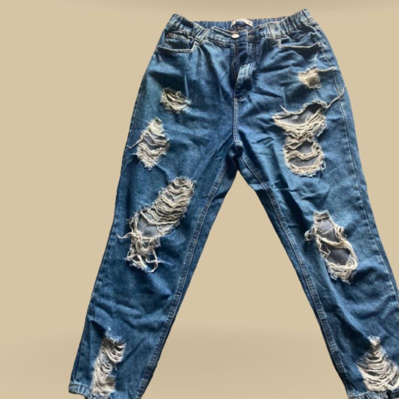 Calça Jeans Feminina Reta Destroyed Cintura Alta Azul