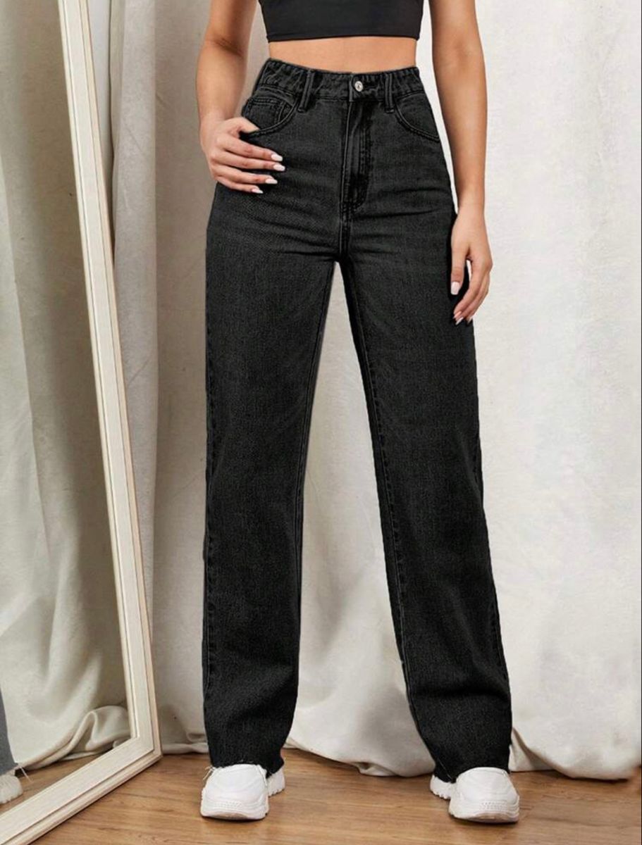 SHEIN Essnce Calça jeans reta Cintura alta Detalhe da corrente Lado de  cadarço