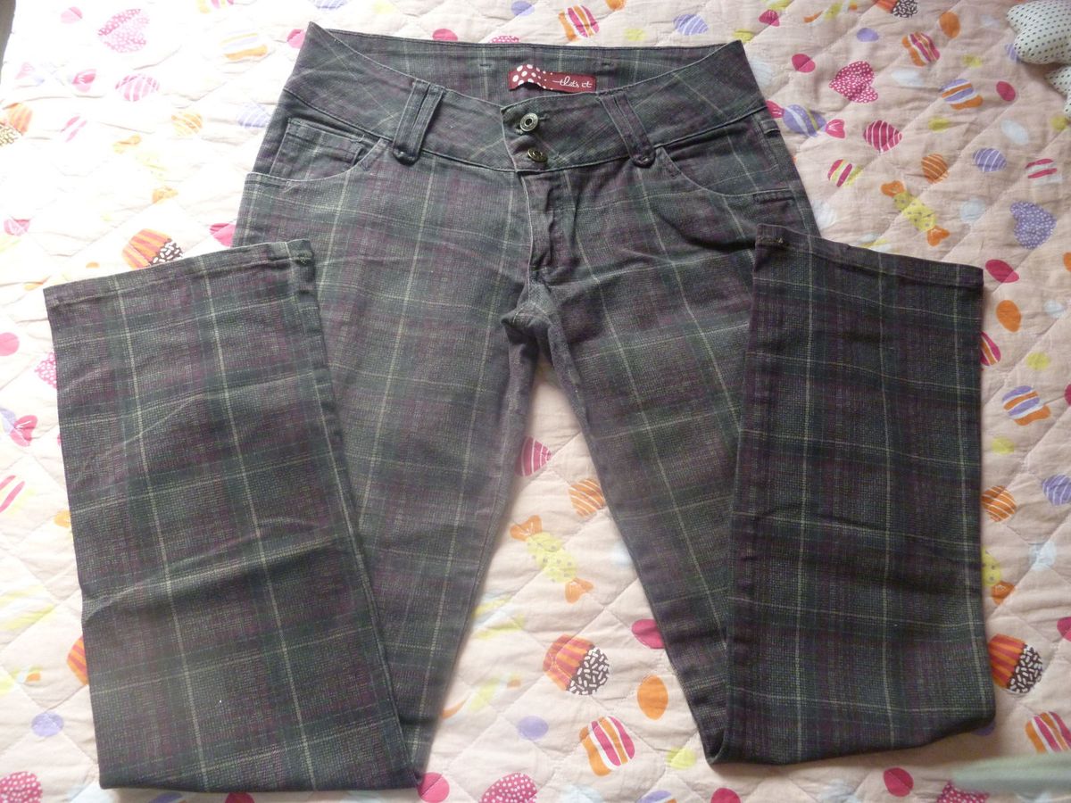 calça jeans xadrez feminina