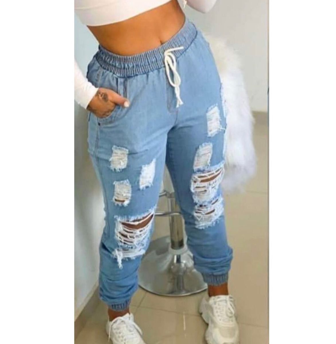 Calça Feminina Jogger Jeans Destroyed Cintura Alta Blogueira Azul Claro