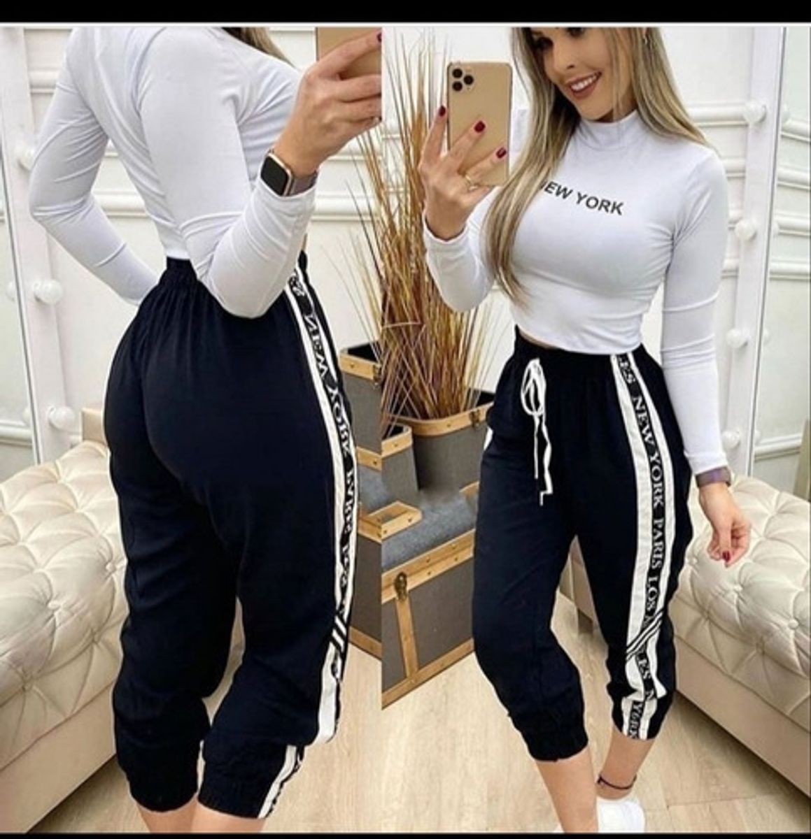 calça jogger feminina preta e branca