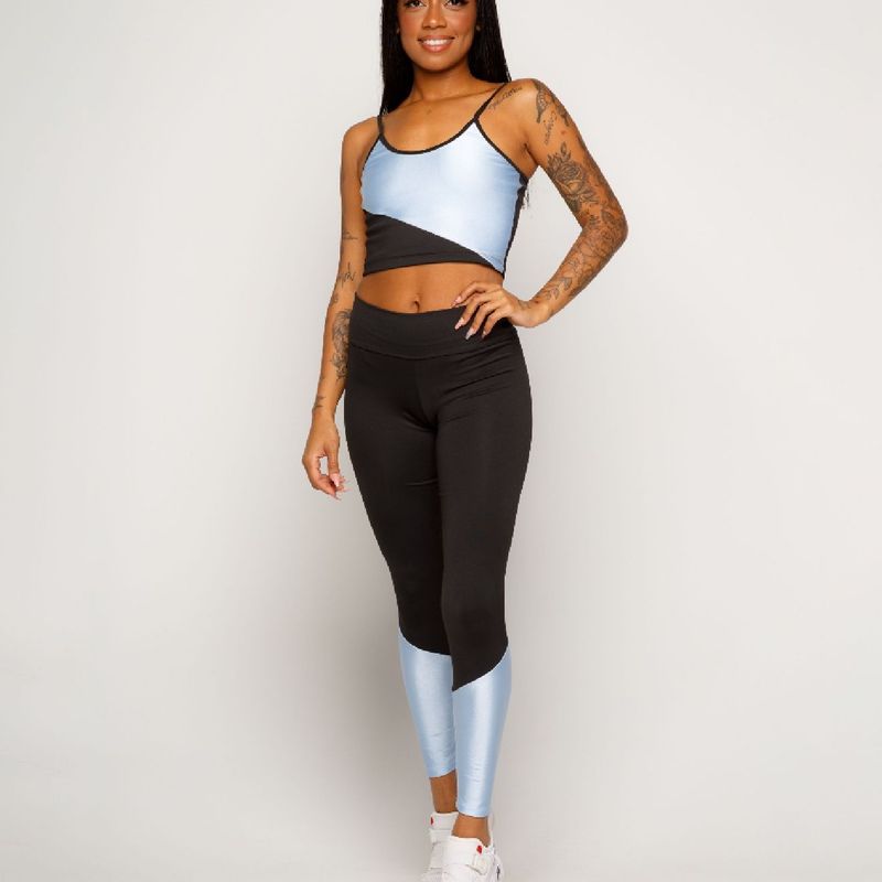 Calça Legging Academia Fitness Preta com Detalhe em Cirrê Azul