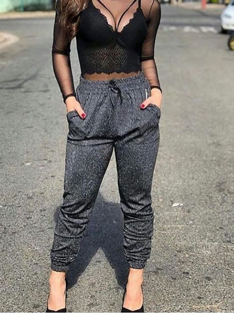 Calça preta hot sale brilhosa feminina