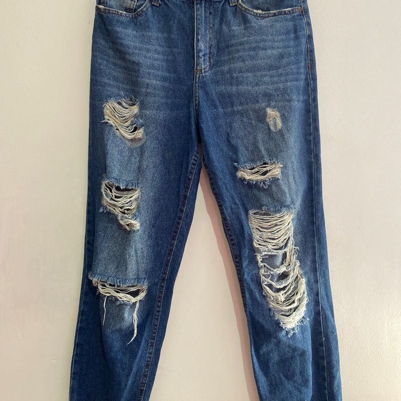 Calça Mom Jeans Rasgada Azul Escuro C&Amp;A C&A Usado